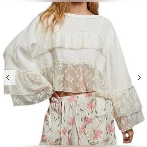 POL Round Neck Flared Double Gauze Lace Ruffle Solid Woven Top NWOT Small